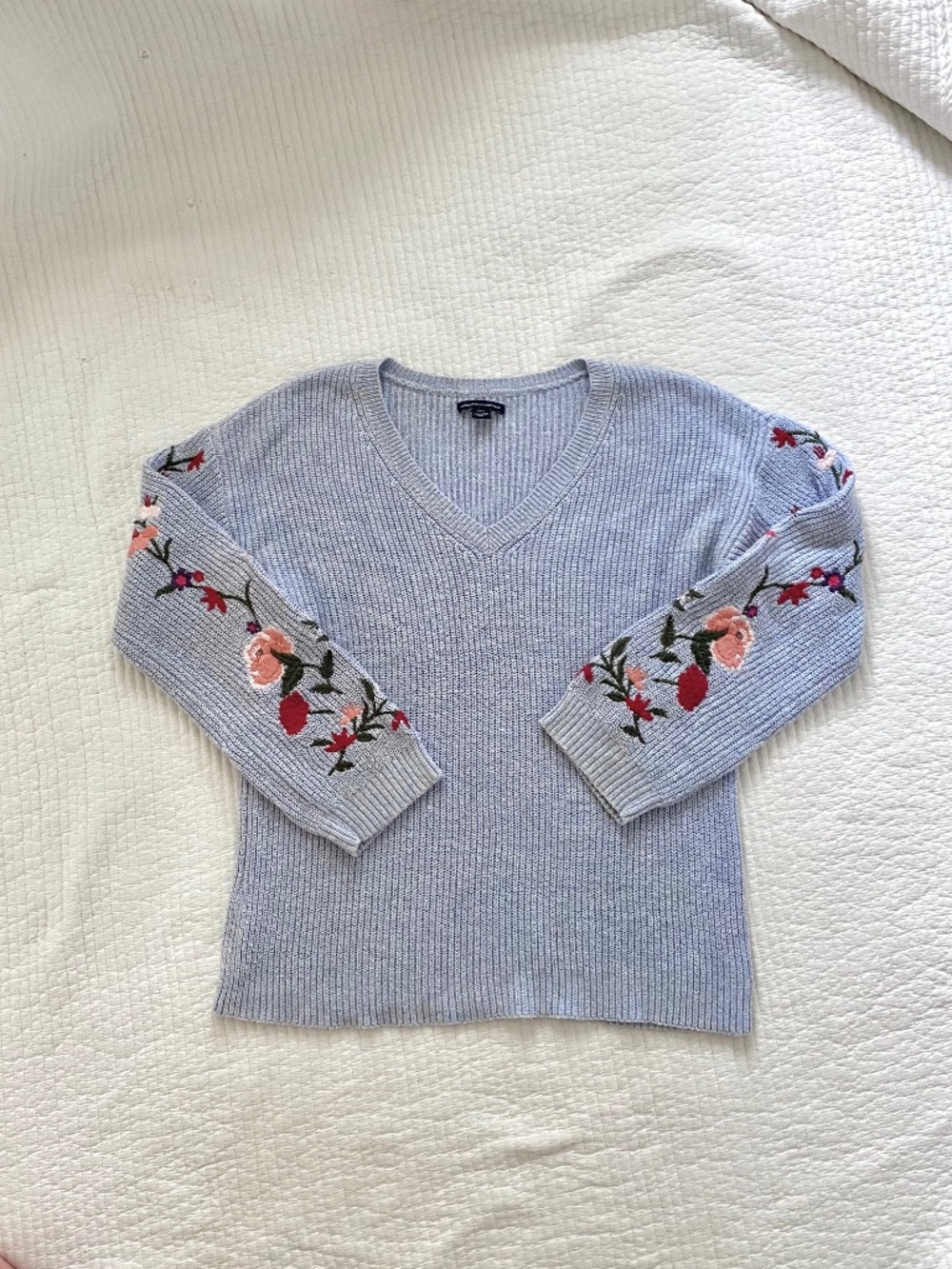 light blue pink red white floral embroidered sweater